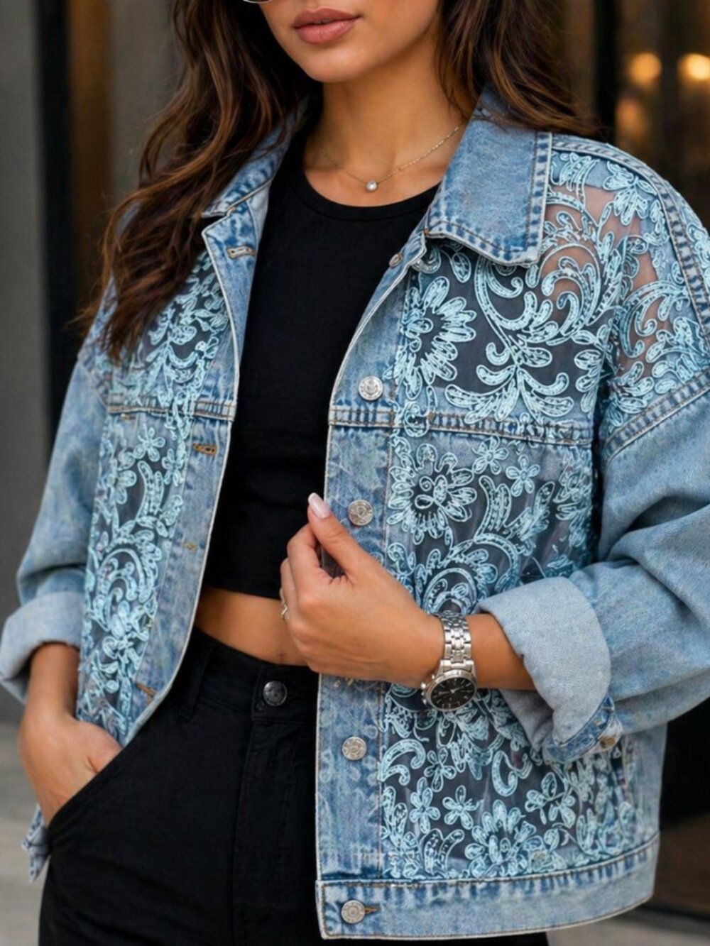 Embroidered Lace Denim Jacket – Chic Statement Layer